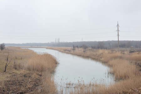 river dramatic gloomy landscape of the bank with trees. early springの写真素材