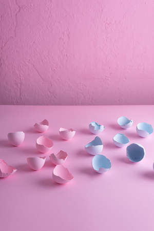 Easter eggshells, pink-blue flaley holiday. on a pink backgroundの写真素材