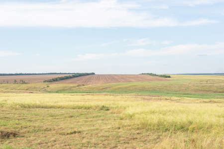 countryside landscape fields in summer with yellow dry grass august ukraine.の写真素材