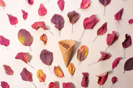 ice cream from colored autumn leaves in trendy color on a beige background. minimalistic concept.