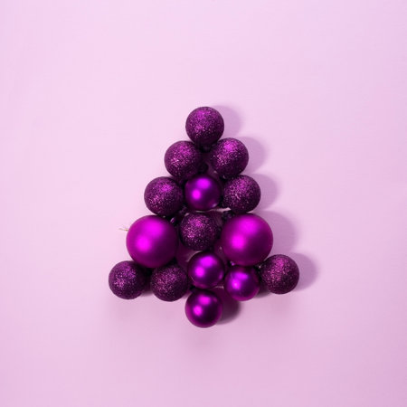 christmas decorations lined christmas tree on pink background christmas concept.の写真素材