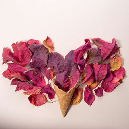 ice cream from colored autumn leaves in trendy color on a beige background. minimalistic concept.
