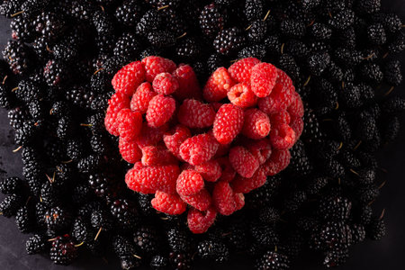 heart of raspberries on black berry texture.の写真素材