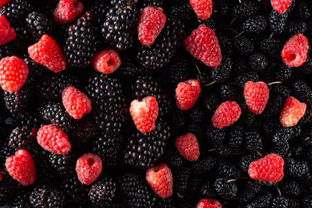 texture of black and red berries fresh fruit blueberries and raspberries.