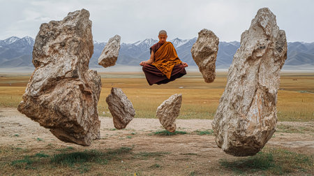 Tibetan monk in traditional dress levitates with stones in the air. It is one of the largest and most important Tibetan Buddhist monasteries in the world.の写真素材