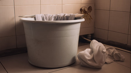 Housecleaning detergents and cleaning supplies surrounded by soap bubbles: hygiene and housekeeping concept, banner with copy space.の写真素材