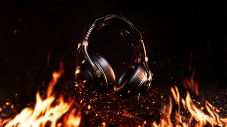 Wireless headphones on a gray background. black headphones on the background of fire rainの写真素材