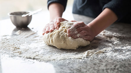 unrecognizable female prepares pastry, kneads dough on table. Woman cook bakes bread. Close-up
