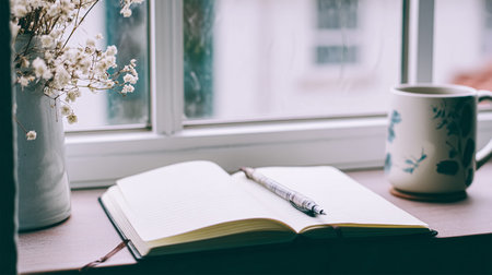 season and objects concept - open book with glasses, cup of coffee, autumn leaves, wool sweaters and candle burning on wooden window sill at homeの写真素材