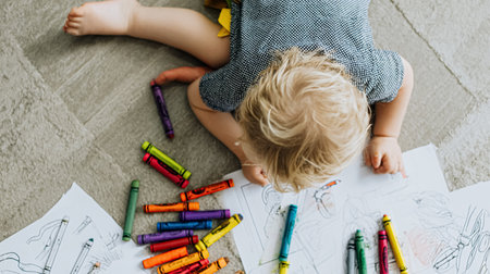 Happy parents relaxing on couch in comfort light living room while little kid child daughter playing on warm floor drawing with colored pencils, family having fun together, underfloor heating conceptの写真素材