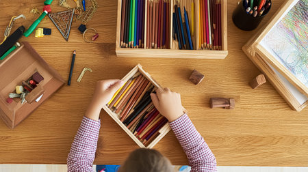 Cute child girl drawing with colorful pencils and felt-tip pen in preschool at table in kindergarten.の写真素材