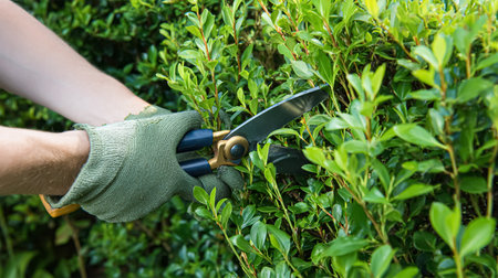 Work in the garden. The gardener cuts the bushes.