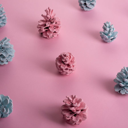minimal composition christmas pattern christmas cones painted pink blue color.の写真素材