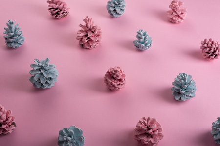 minimal composition christmas pattern christmas cones painted pink blue color.の写真素材