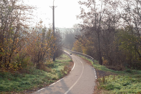 bike path in the autumn morning on the bridge to the city.