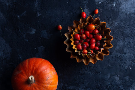 bright autumn still life on a dark background. pumpkins and red berries on black texture table.の写真素材