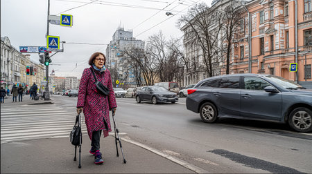 A side on shot of an elderly lady in a red coat enjoying the freedom of an electric mobility scooter.の素材