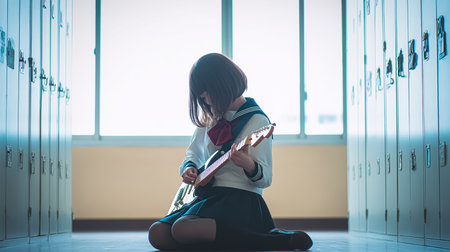 The boy holds a guitar in his hand and fingers on the strings. Without a face.の素材