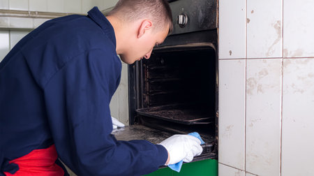 happy young man cleaning kitchen young man in uniform cleaning stove.の素材