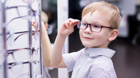 Little girl selecting new glasses in optical shop.の素材