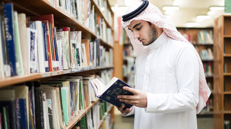 Arab student standing in library holding books on his arms. education concept.の素材