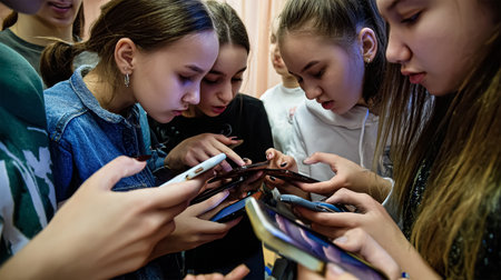Smiling school kids preteen boys and girls elementary middle pupils children sitting on the stairs and looking in smartphone screen with digital devices laptop tablet in hands outdoors, copy space.の素材