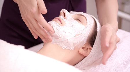 Cream smear. Beauty close up portrait of young woman with a healthy skin is applying a facial skincare product. Face daily care routine.の素材