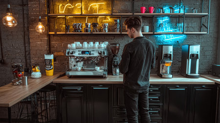 Handsome barista guy work coffee shop. Tattooed hipster man portrait. Happy male face smile. Joy young adult person look camera at cozy cafe house. Stylish dyed hair waiter make hot tasty drink order.の素材