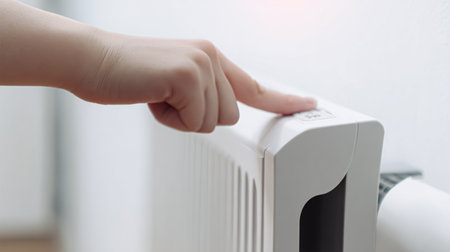 hand pressing the awning heater button Tack Sale with various items including a portable heater system.の素材