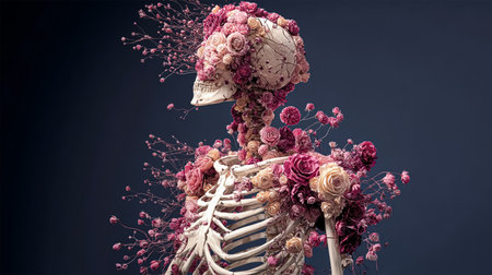 skeleton and skull intertwining colorful flowers on dark background.の素材