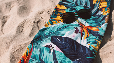 Summer background. Sea sand with seashells, starfish and sunglasses. Summer vacation conceptの素材