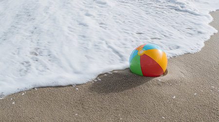Bright beach balls on sand outdoors, above view.の素材