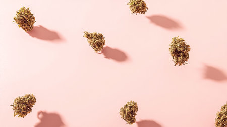 A close-up view of dried cannabis buds resting on a wooden surface. The unique texture and colors highlight the natural beauty of this herbal plant, often used for its therapeutic properties.の素材