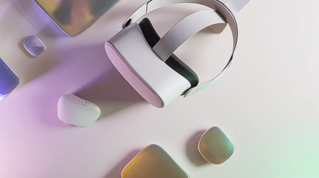 The layout of the watch and the phone on a blue background. Appliances and electronics. Modern gadgets. Phone headphones watch. Business. Wireless headphone. Watch with pedometer.の素材