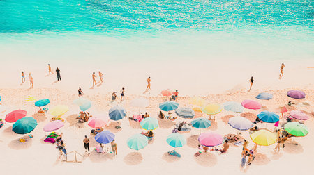 Aerial View From Flying Drone Of People Crowd Relaxing On Beach In Portugal.の素材