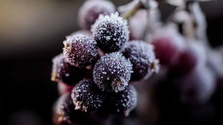 red berries cherries strawberries on a tree covered with frost.の素材