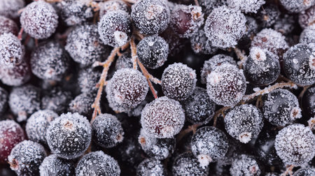 red berries cherries strawberries on a tree covered with frost.の素材