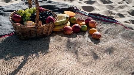 Beautiful summer picnic at sunset on the beach with white wine, pizza, cheese, olives and fresh fruits.の素材