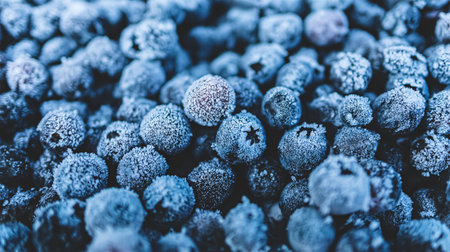 A close-up of frozen blueberries covered in frost, creating a textured and detailed view. The dark background enhances the cold and fresh appearance.の素材