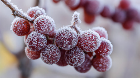 A close-up of a small bunch of fresh red and purple grapes covered in frost, isolated on a white background.の素材