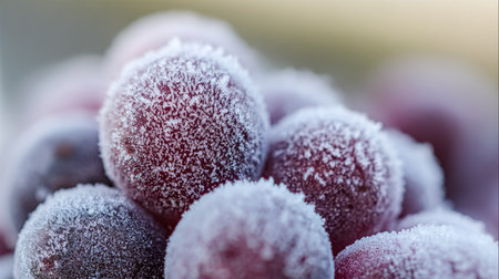 A close-up of a small bunch of fresh red and purple grapes covered in frost, isolated on a white background.の素材
