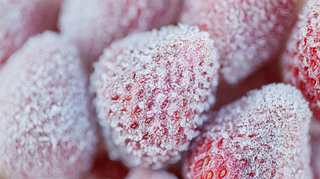 frozen strawberry covered with frost texture close up top view.の素材