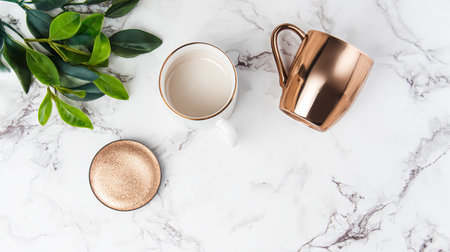 A cup of coffee, star anise, cinnamon, dried orange and coffee beans on a dark kitchen countertop. Fragrant spices for drink, close-up, top view, flat ley.の素材