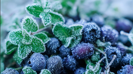 A close-up of frozen blueberries covered in frost, creating a textured and detailed view. The dark background enhances the cold and fresh appearance.の素材