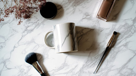 A cup of coffee, star anise, cinnamon, dried orange and coffee beans on a dark kitchen countertop. Fragrant spices for drink, close-up, top view, flat ley.の素材