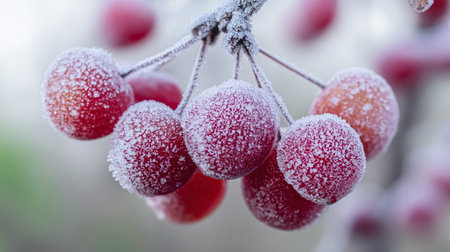 red berries cherries strawberries on a tree covered with frost.の素材