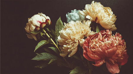 Beautiful bouquet of different flowers on black background. Floral card design with dark vintage effectの素材