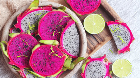 Dragon fruit with leaf on wooden background.の素材