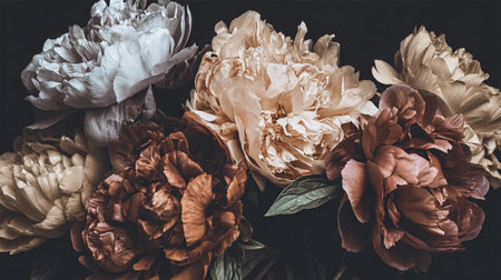 Beautiful bouquet of different flowers on black background. Floral card design with dark vintage effectの素材