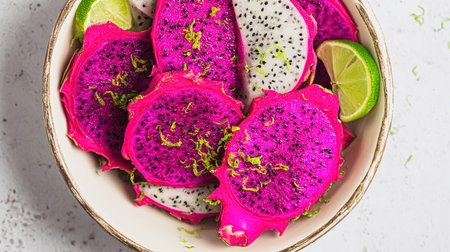Dragon fruit with leaf on wooden background.の素材